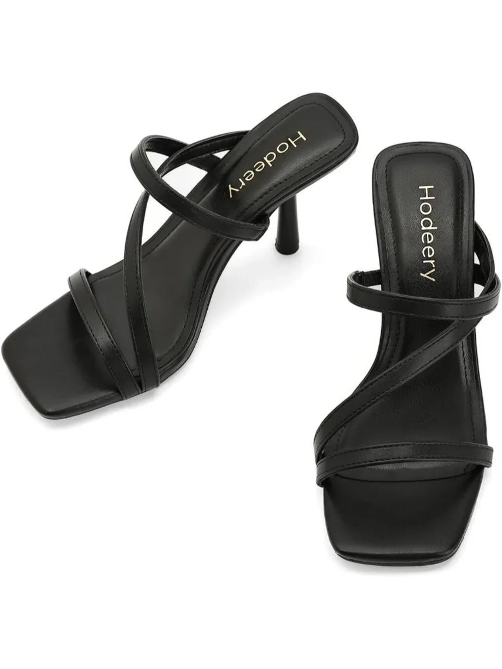 Women's Black Faux Leather Square Toe Strappy 3 Inch Mules Stiletto High Heels